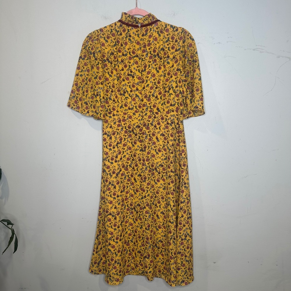 Donna Morgan Yellow Floral Midi Dress Velvet Tie Neck Ruffle Flutter Sleeve 4 - Picture 7 of 9